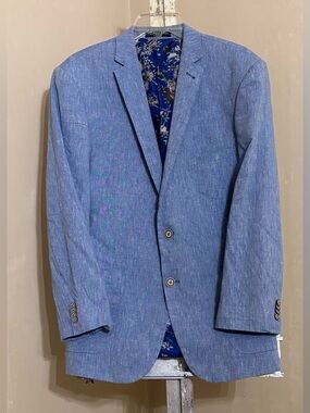 Paisley & Gray Slim Fit Blazer - Light Blue Linen Blend - Floral Lined Sz 42R